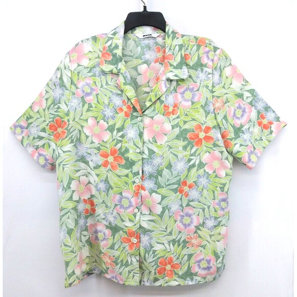 ALIA Tops - ALIA Shirt Womens Size 14 Green Floral Short Sleeve Collared Button Up Top